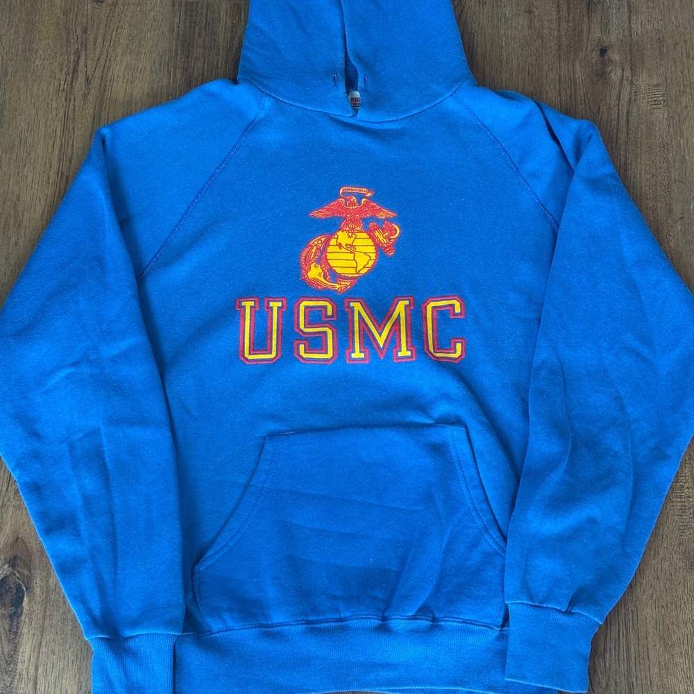 Vintage 80s USMC Hoodie XL Soffe Sweatshirt Blue Marines Corps USA